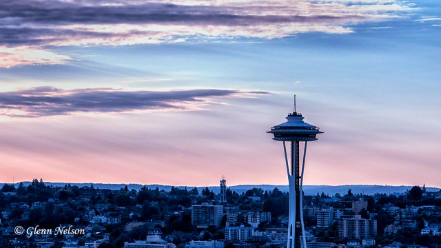 The Space Needle, seen nestled in its neighborhood.
