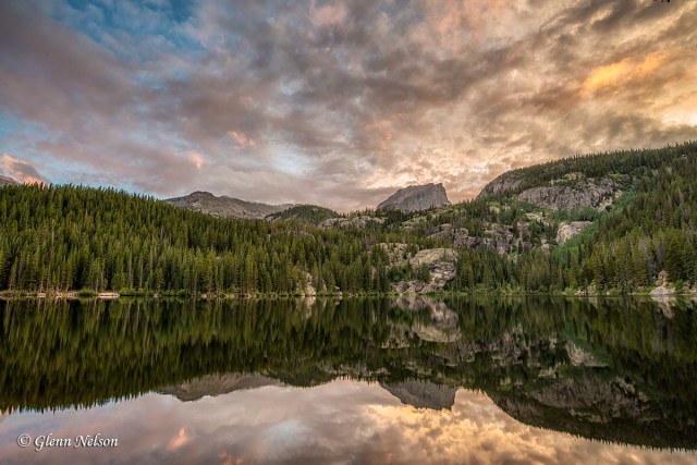 Sunset over Hallet's Peak and Bear Lake in Rocky Mountain National Park.