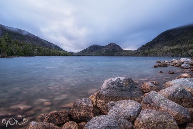 A foggy, nondescript sunset at Jordan Pond.